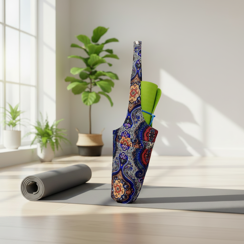 Sac yoga bohème sur tapis déroulé studio zen