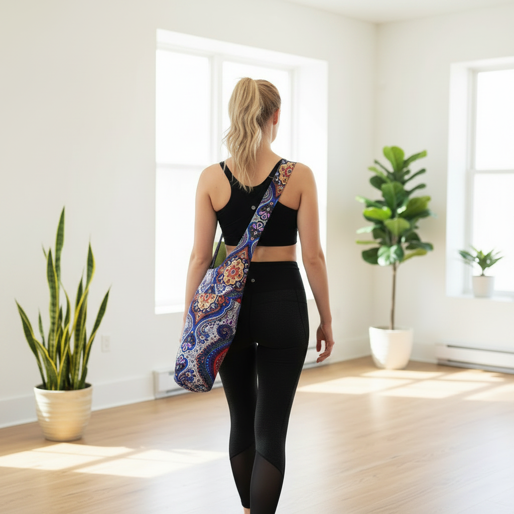 Femme de dos sac yoga bohème studio zen