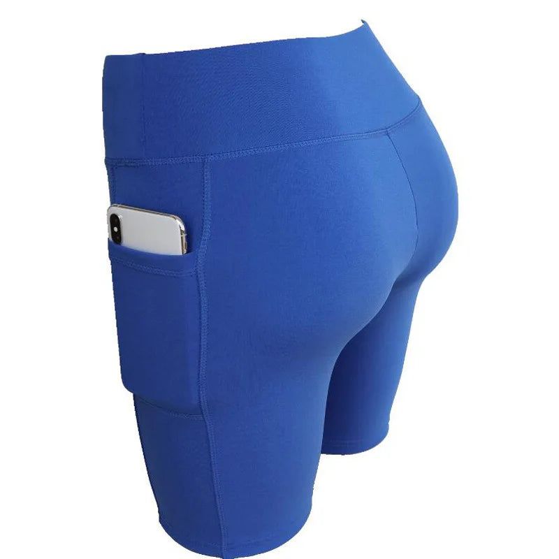 Yoga shorts femme bleu avec poche smartphone – vue de face