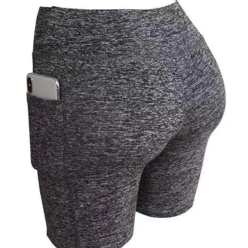 Yoga shorts femme gris chiné avec poche smartphone – vue de dos