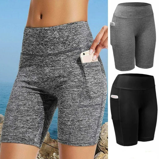Yoga shorts femme gris ou noir avec poche smartphone – vue de face