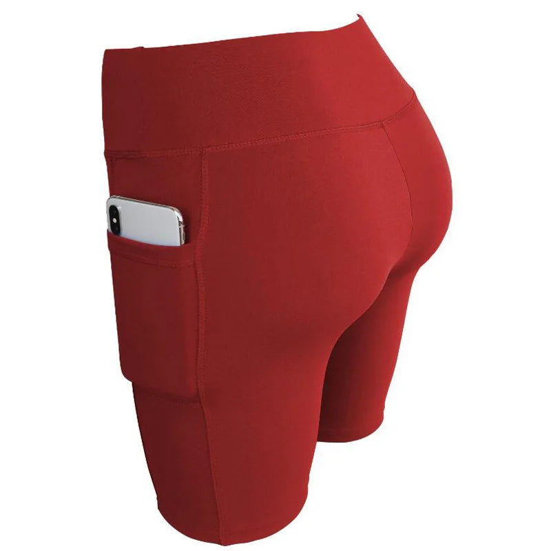 Yoga shorts femme rouge avec poche smartphone – vue de face