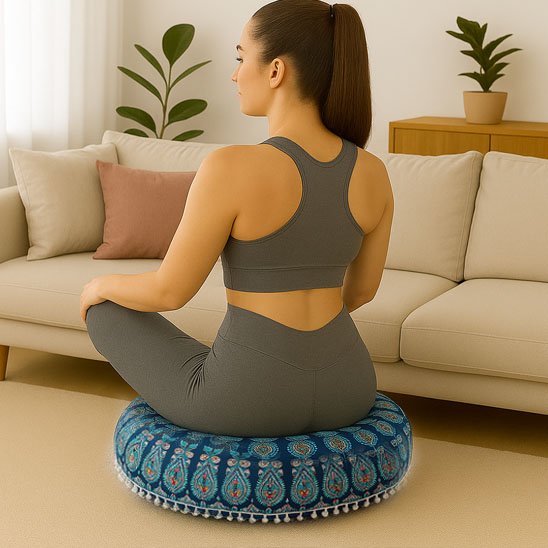 Zafu mandala bleu femme de dos méditation