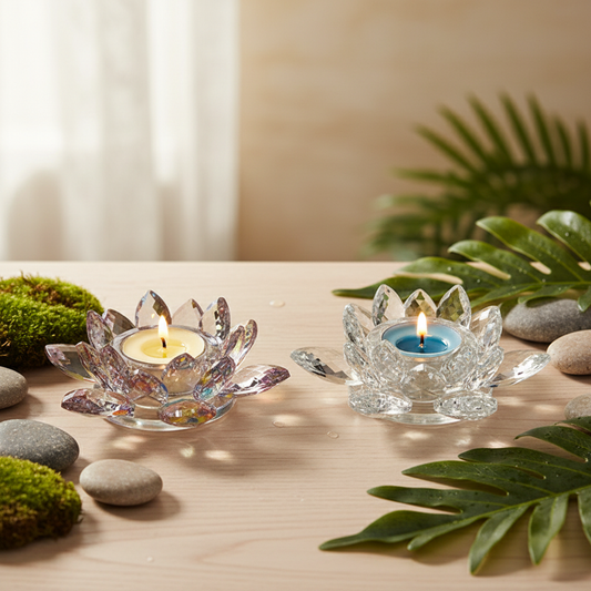 Bougeoir zen fleur de lotus en cristal transparent et rose avec bougie allumée