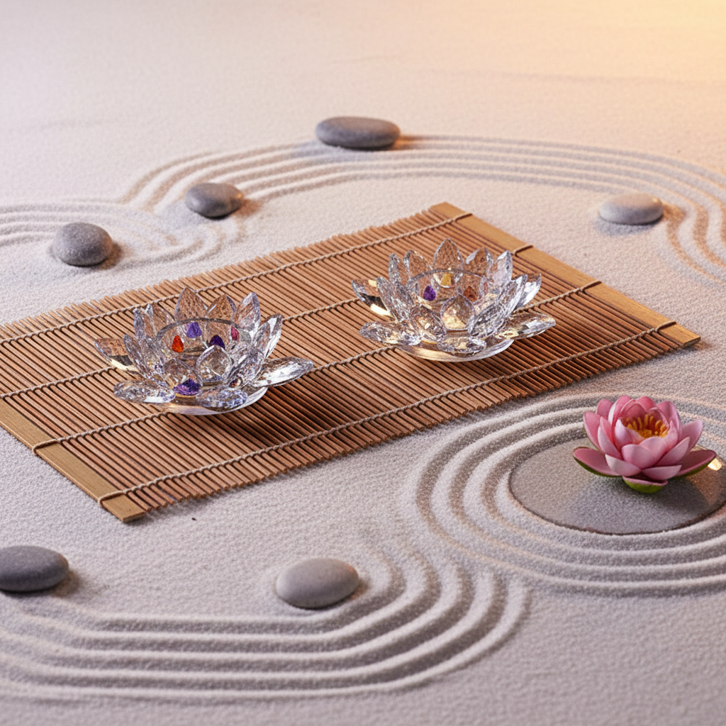 Collection de bougeoirs zen fleur de lotus en cristal colorés sur natte de bambou