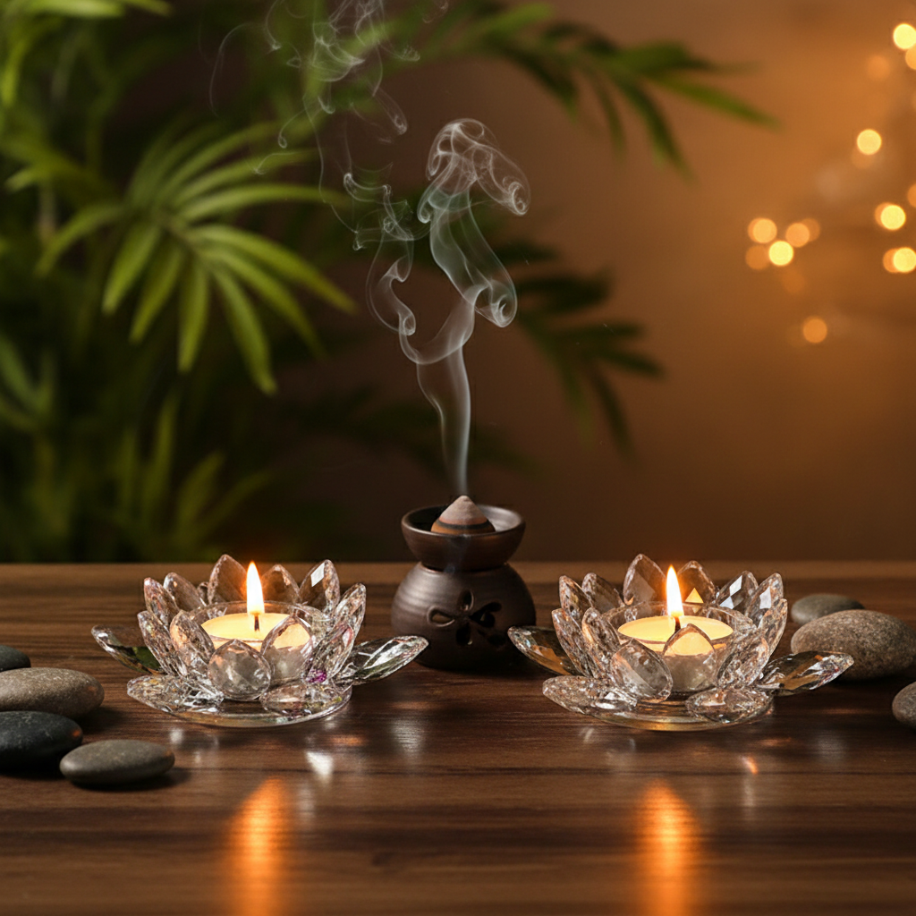Duo de bougeoirs zen fleur de lotus en cristal – ambiance tamisée et apaisante